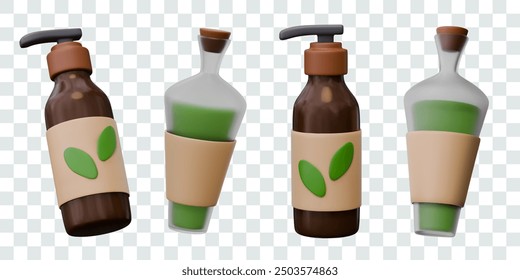 Set of 3D bottles for liquid cosmetics. Vector templates with blank labels