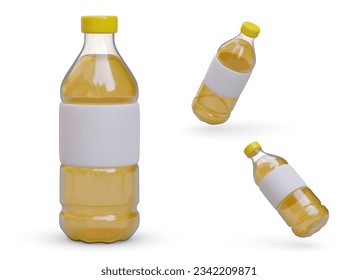 Set aus 3D-Flaschen mit Öl. Einzelnes Objekt in verschiedenen Positionen. Gelbe Plastikflasche mit weißem, leerem Etikett. Vegetarische Zutaten. Symbole für kulinarische Website, Anwendung