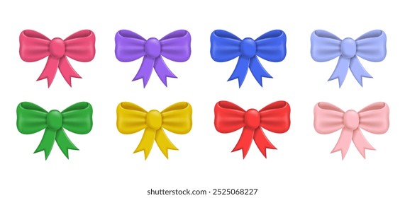 Set of 3D bows. Pink, blue, red and green ribbons. Holiday and festival. Decoration for gifts and presents. Christmas and New Year. Isometric vector collection isolated on white background