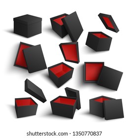 Set of 3d boxes with cover in different angles realistic style, vector illustration isolated on white background. Mockup of opened and closed blank black containers with red inner side and lid