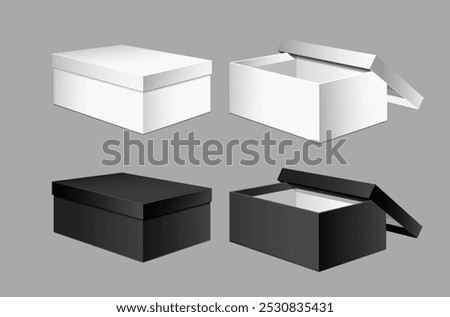 Set of 3D boxes for shoes and other goods. Realistic illustration of closed boxes for branding and selling products. Black and White packaging.