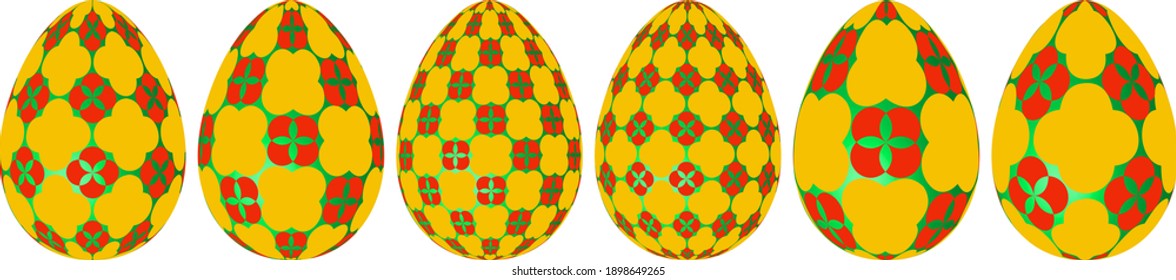 set of 3d bright yellow green Easter eggs on isolated white background, with mosaic pattern 