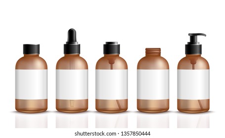 Set of 3d brown bottles for cosmetic or medical product realistic style, vector illustration isolated on white background. Mockup of vial packagings with blank label and cap and dispenser and dropper