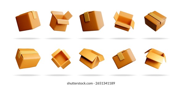 Set of 3d brown carton box. Parcel or delivery cardboard package with shadow. For online shipping service, mail courier, and e-commerce.