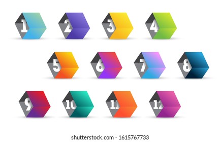 Set of 3d bullet point on white background. Colorful gradient cubes with number from 1 to 12. 