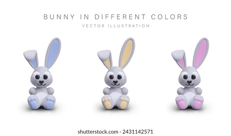 Set of 3D bunny in sitting position. Decorative Easter element