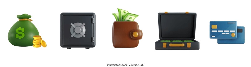 Set 3d business finance or banking icons in realistic cartoon style. Safe, wallet, money bag, case, credit card. Creative commercial design elements. Colorful glossy vector art illustration.
