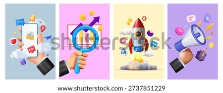 Set of 3d business icon for digital marketing, data analysis, finance, investment, trading, startup and brainstorming concept social media banner background. Realistic render of infographics, hand and phone.