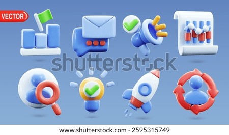 Set of 3D business icons featuring bar chart, email, megaphone, analytics, user search, idea bulb, rocket launch, and user cycle; modern, glossy vector objects ideal for design projects