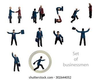 Set of of 3D businessmen. A variety of poses. Handshake and business success. Isolated. Vector illustration.