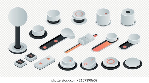 Set of 3D buttons. Collection of graphic elements for applications and programs. Buttons to customize graphics and sound in settings. Cartoon isometric vector illustrations isolated on white backdrop