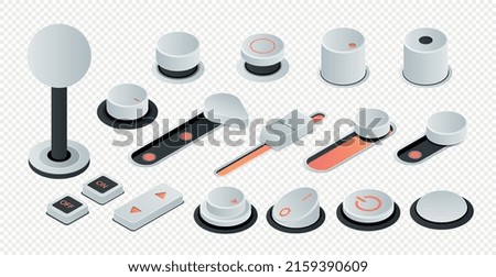 Set of 3D buttons. Collection of graphic elements for applications and programs. Buttons to customize graphics and sound in settings. Cartoon isometric vector illustrations isolated on white backdrop