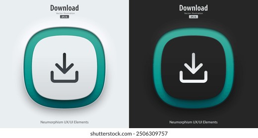 Un conjunto de Botones 3D con símbolos de Descarga. El Botón tiene una luz de neón. Icono de Descarga de Botón en estilo neumático de moda para App, Sitios web, interfaces y App móvil. Ilustración vectorial.