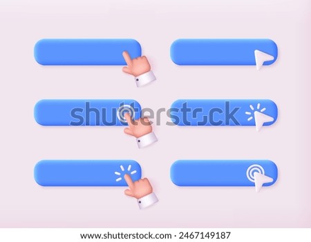 Set of 3d buttons with hand pointer clicking. Navigation search for web browser. 3D Web Vector Illustrations.