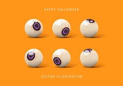 Set Of 3d Candy Eyes For Halloween Decoration. Vector 3d Illustration With Creepy Eyes Isolated On Orange Background.