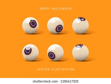 Set Of 3d Candy Eyes For Halloween Decoration. Vector 3d Illustration With Creepy Eyes Isolated On Orange Background.