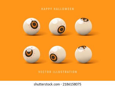 Juego de ojos de caramelos 3d para la decoración de Halloween. Ilustración vectorial 3d con ojos espeluznantes aislados en el fondo naranja.