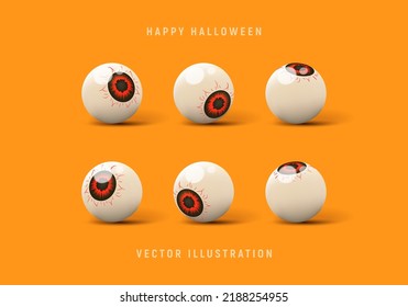 Juego de ojos de caramelos 3d para la decoración de Halloween. Ilustración vectorial 3d con ojos espeluznantes aislados en el fondo naranja.