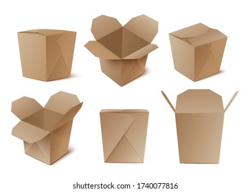 Un conjunto de cajas de cartón 3D aisladas en un fondo blanco. Cajas de cartón realistas para el embalaje. Ilustración vectorial.