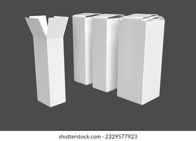 Conjunto de cajas de cartón 3D aisladas en un fondo gris.