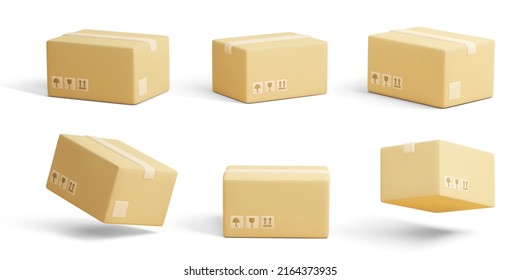 Set of 3D cardboard closed boxes isolated on light background. Realistic delivery cargo parcels with fragile care sign symbol, handling with care, protection from water rain. Vector illustration