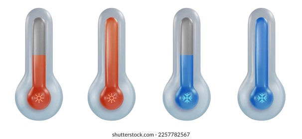 Set 3d cartoon blue and red medical or weather thermometers in realistic funny colorful style. Render bright children toy object. Plastic cute glossy design element. Vector minimal illustration.