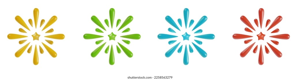 Set 3d cartoon festive fireworks or rays in realistic minimal style. Collection holiday color decoration elements. Cute explosion effect. Vector kids  illustration.