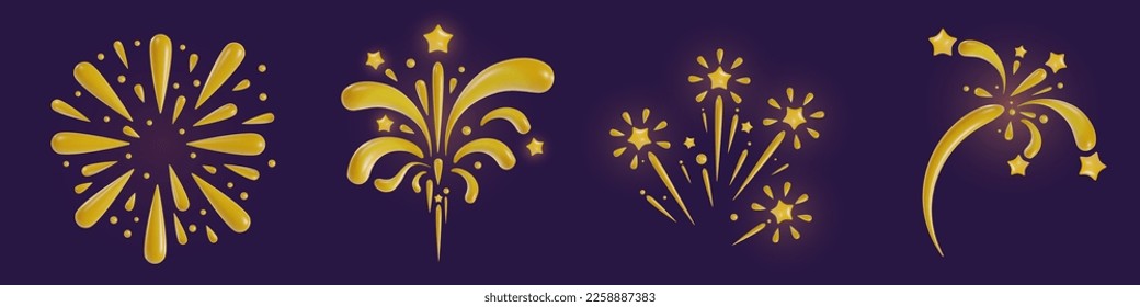 Set 3d cartoon festive fireworks in realistic minimal style. Collection holiday color decoration elements. Cute explosion effect. Vector kids  illustration.