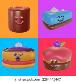 Set 3d cartoon funny sweet food in realistic kawaii style. Cute vivid character or design element. Creative character toy. Collection bright minimal vector illustration.