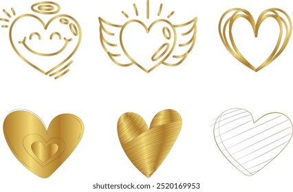 Set of 3d cartoon Golden heart shape toy collection, isolated on light pink background. Suitable for Valentine's Day and Mother's Day decoration, Design template for decoration, web banner, Valentines