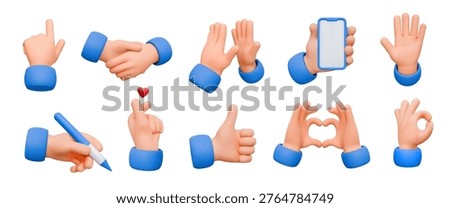 Set of 3D cartoon hands in various gestures, including pointing and thumbs up. Features smooth design with blue cuffs against white background.