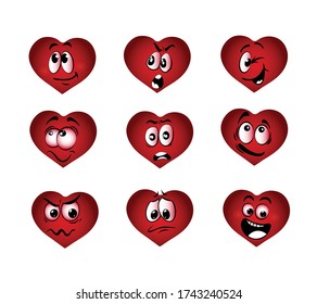 Set 3d Cartoon heart In Vector High quality original trendy vector set of cartoon heart emoji illustration.