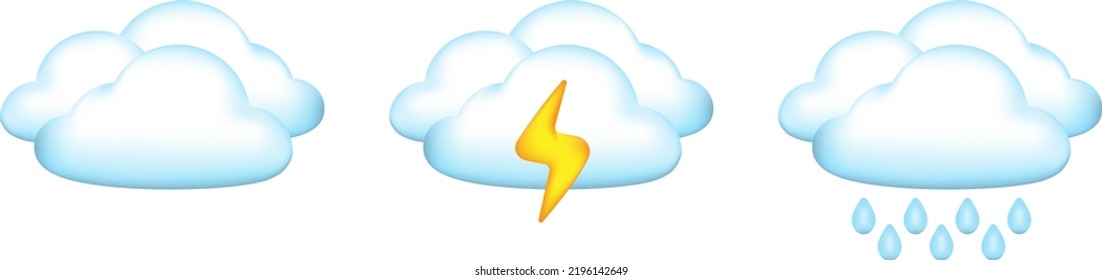 Set of 3D cartoon icon the weather forecast. Cloudy, thunderstorm and rain. Vector illustration.