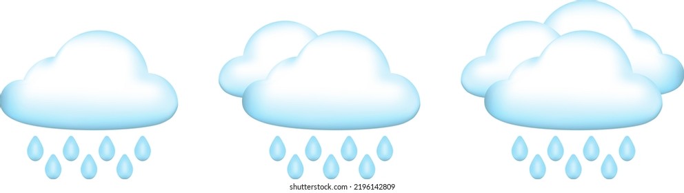 Set Of 3D Cartoon Icon The Weather Forecast. Drizzle Rain, Rain And Heavy Rain. Vector Illustration.