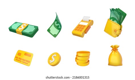 Conjunto de iconos de dibujos animados 3D sobre el tema del dinero aislados sobre el fondo blanco. Iconos de Vectort 3d