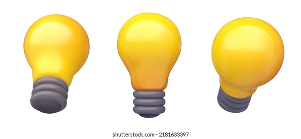 Set 3d cartoon light bulb in realistic plastic glossy minimal style isolated on white background. Collection funny creative design element for game, business, branding. Modern vector illustration.