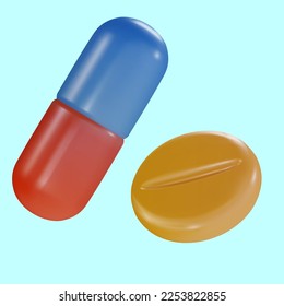 Set 3d cartoon medical pill, capsule  or drug in realistic funny colorful style. Render bright children toy object. Collection plastic cute glossy design element. Vector minimal illustration.