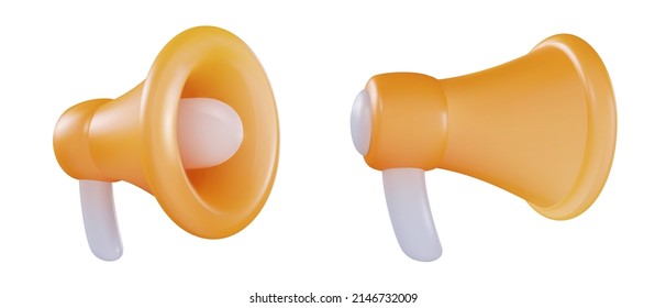 Set of 3d cartoon megaphone different views isolated on white background. Realistic modern minimal design element. Vector illustration.