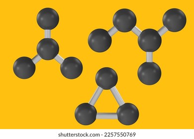 Set 3d cartoon molecule structure in realistic funny colorful style on simple background. Render bright toy object. Plastic cute glossy design element. Vector minimal illustration.