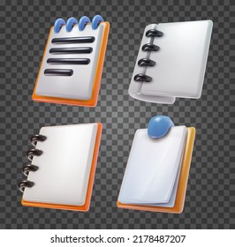 Set 3d cartoon plastic glossy paper notebook and clipboard isolated on transparent background. Realistic cute vector illustration. Minimalistic art element. Concept design for business, game project.