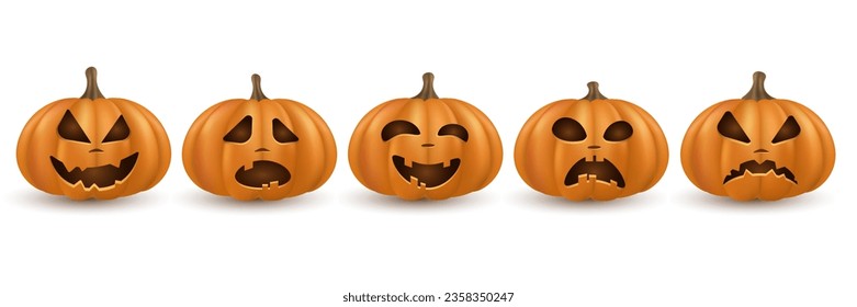Set of 3D cartoon pumpkins on white background for Halloween. Festive emotional characters for your design. Vector illustration. EPS 10.
