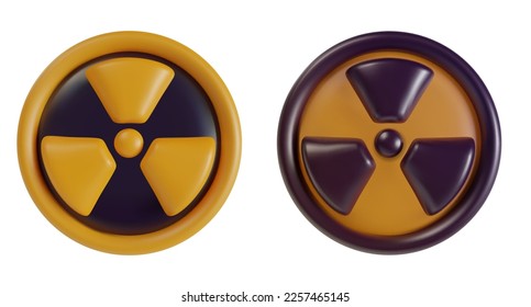 Set 3d cartoon radioactive hazard sign in realistic funny colorful style on white background. Render bright toy object. Collection plastic cute glossy danger label. Vector minimal illustration.