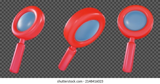 Set 3d cartoon red magnifying glass different view isolated on transparent background. Modern minimal design element for search, analisys project. Vector illustration. 