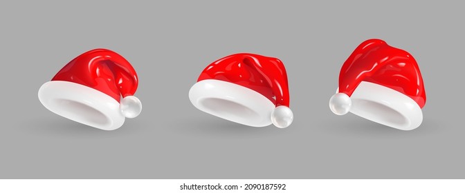 Set of 3D cartoon santa claus hats isolated on gray background