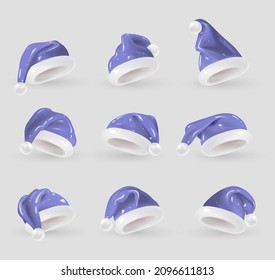 Set of 3D cartoon Santa Claus hats in trendy Very peri color, the colors of 2022