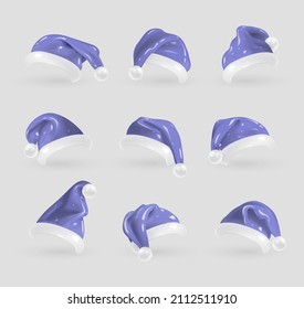 Set of 3D cartoon Santa Claus hats in trendy Very peri color, the colors of 2022