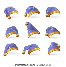 Set of 3D cartoon Santa Claus hats in trendy Very peri color, the colors of 2022