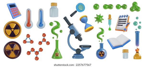 Set 3d cartoon science technology equipment tools in realistic funny colorful style. Render bright children toy object. Collection plastic cute glossy design element. Vector minimal illustration.