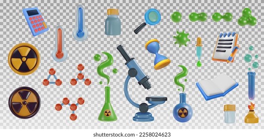 Set 3d cartoon science technology equipment tools in realistic funny colorful style. Render bright children toy object. Collection plastic cute glossy design element. Vector minimal illustration.