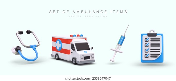 Conjunto de estetoscopio de dibujos animados 3d, ambulancia, jeringa y portapapeles con carro médico o lista de verificación. Concepto de objetos de ambulancia. Ilustración vectorial en colores azul y rojo